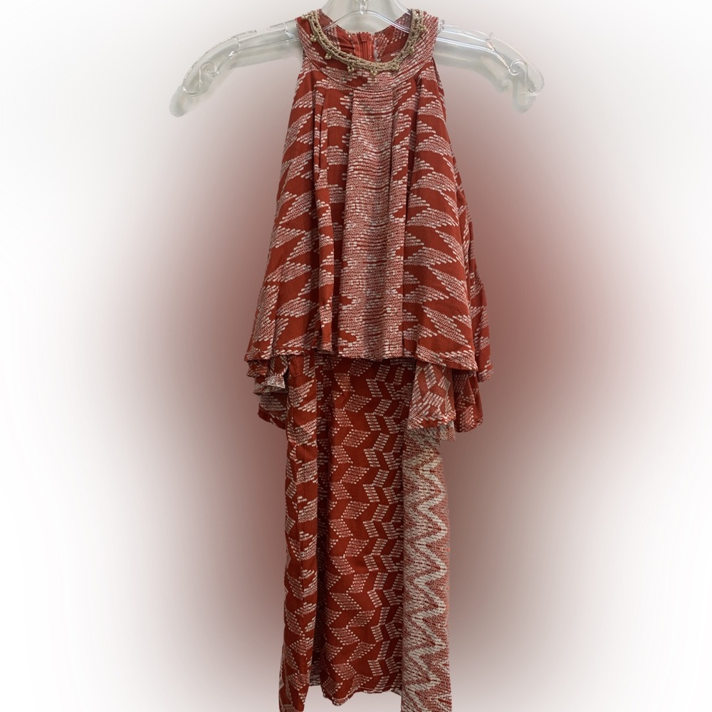 Rust & Cream flouncy high neck mini dress by Jaase